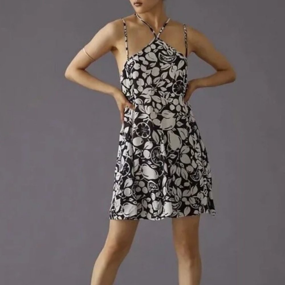 Anthropologie Black and White sheer Mini dress sundress fruit print size small